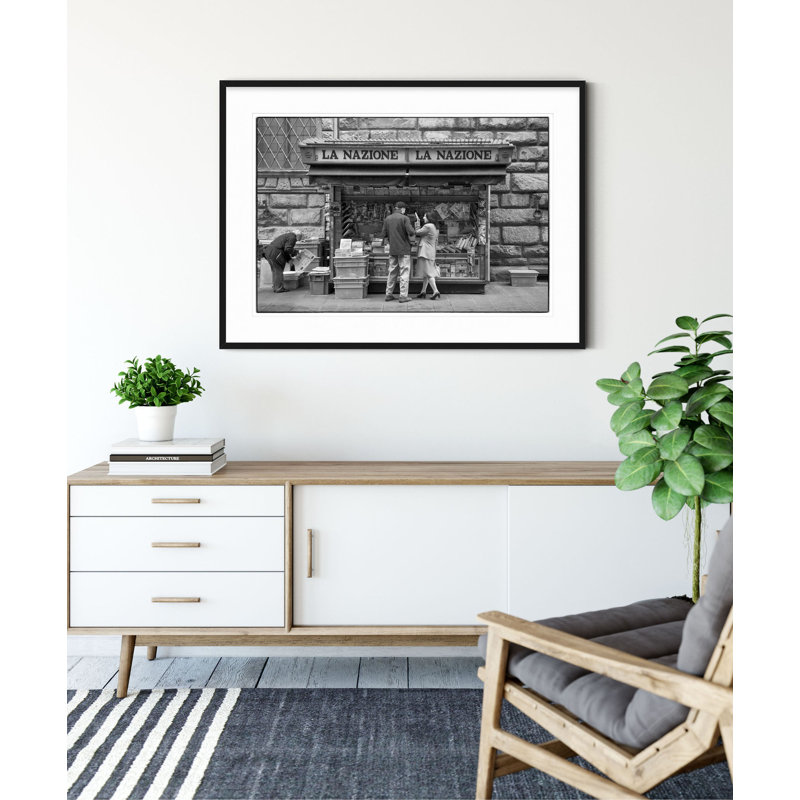Italian Newspaper Stand - Picture Frame Photograph on Paper , 22.5" H x 31.5" W, Black Framed