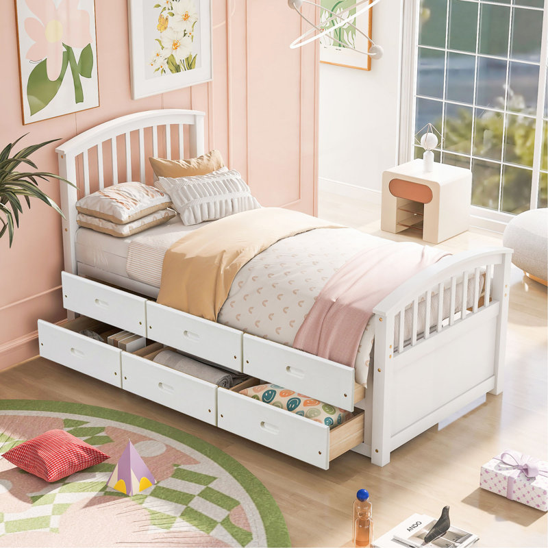 Lit plateforme simple en bois massif avec 6 tiroirs, Blanc