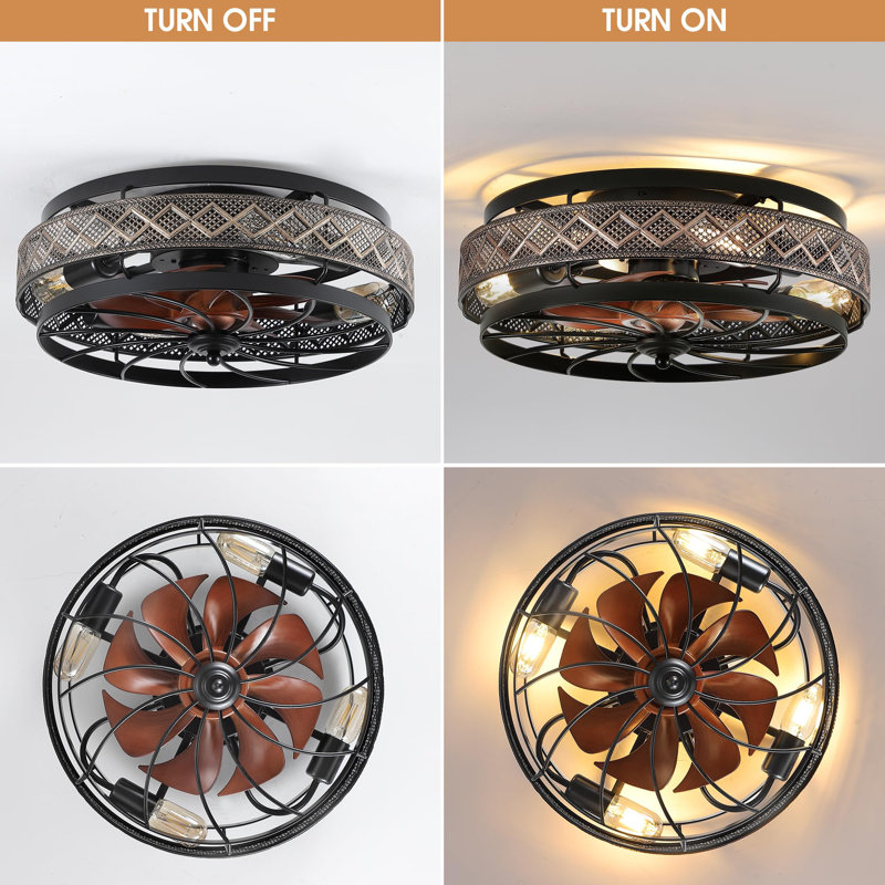17.5" Low Profile Caged Ceiling Fans with Lights and Remote,Flush Mount Ceiling Fan with Light, Bedroom Fan, Small Industrial Black Ceiling Light Fixture, Reversible(Bulbs not Included)