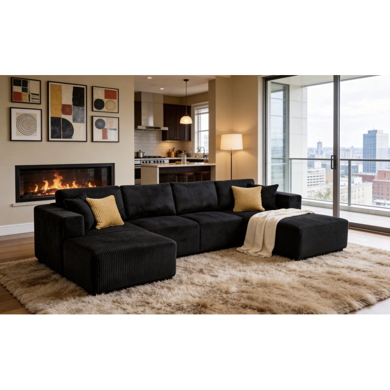 Boneless Flintwood Sectional, Black Corduroy