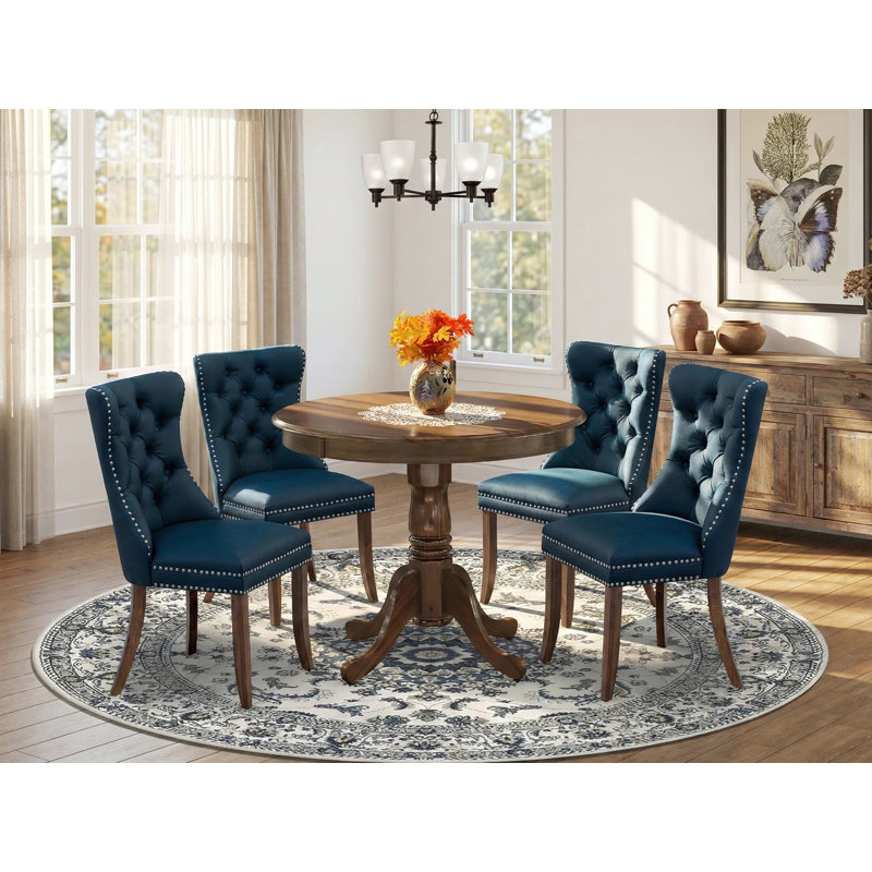 L'ensemble de table et chaises de cuisine 3 pièces comprend une table de salle à manger ronde avec piédestal et 2 chaises rembourrées en tissu de polyester, noyer antique