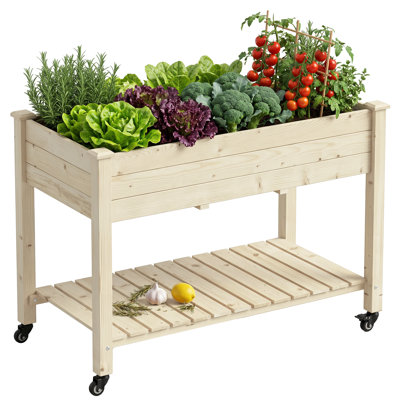 Elevated flower beds, elevated wooden planters, lockable casters, planters on wheels, storage racks, planter liners, backyard and patio gardening.