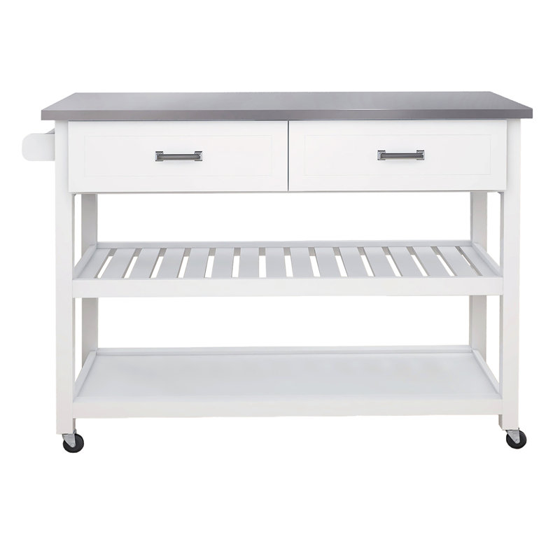 White Kitchen Cart Featuring Stainless Steel Top And Two Drawers - Space Efficient Accessory With Tabletop Simple Saving Design