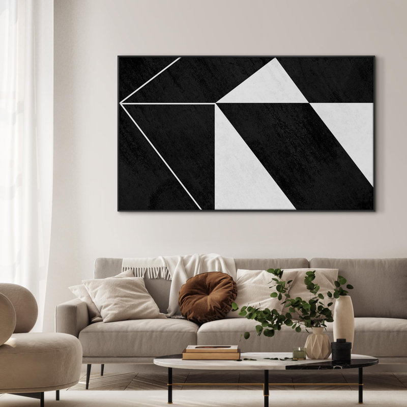 Impression d'art moderne encadré très grand moderne et abstrait géométrique noir et blanc (assemblage requis)