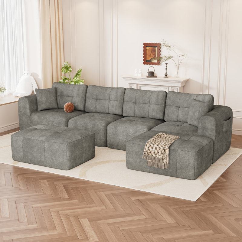 140" U-Shaped Sectional Sofa, 4 Seat Modular Cloud Couch Boneless With 2 Convertible Ottomans & Deep Seat, Modern Chaise Lounge For Living Room, Chenille, No Assembly Required
