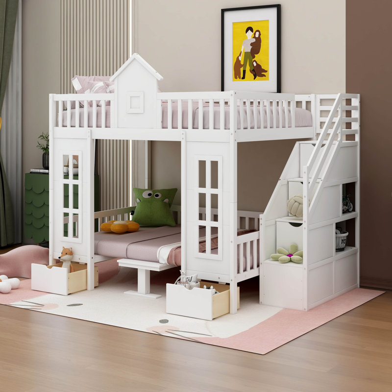 Kids Bunk Bed with Drawers, Full over  Full, White