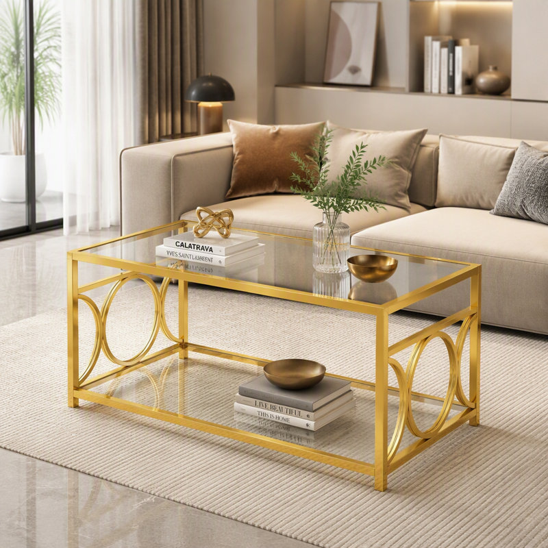 Table basse moderne et luxueuse en verre avec structure en métal doré, table basse rectangulaire avec tablette de rangement inférieure