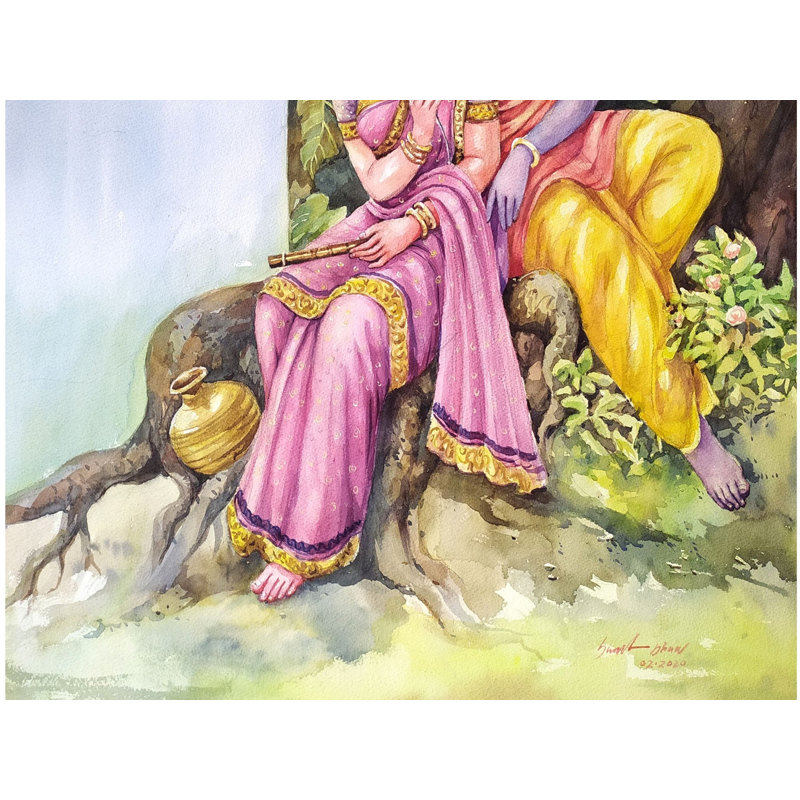 Radha Krishna assise sous un arbre | Aquarelle de Sarat Shaw