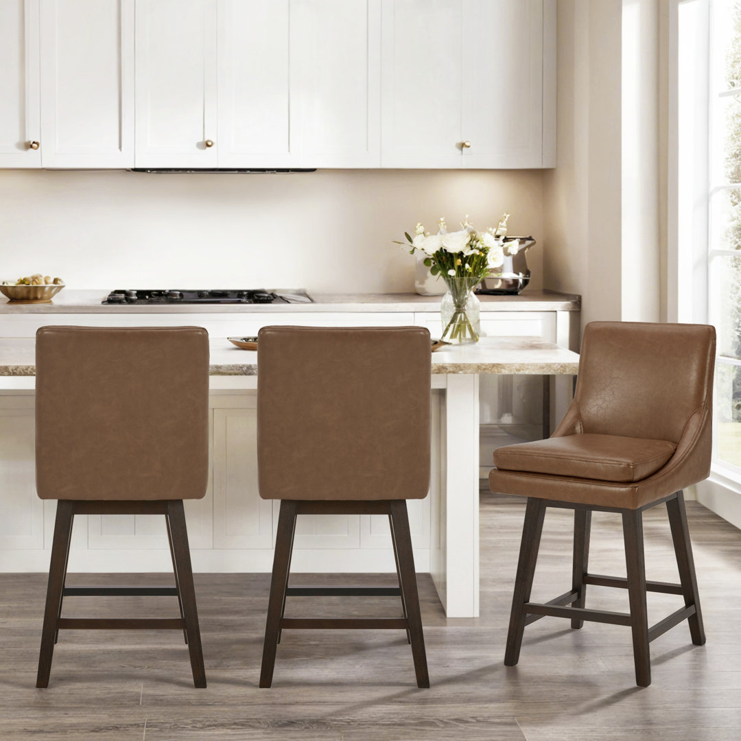 Aleksy Swivel Upholstered Counter Stool with Solid Wood Frame (Set of 3) Lark Manor™