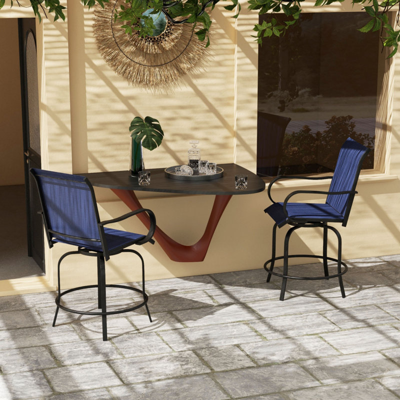 Outdoor Bar Stools With Armrests, Set Of 2 360° Swivel Bar Height Patio Chairs With High-Density Mesh Fabric, Steel Frame Dining Chairs For Balcony, Poolside, Backyard