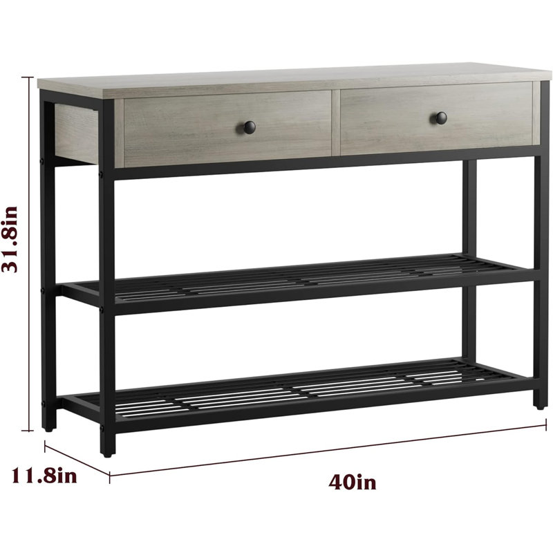Console à 2 tiroirs, table d'entrée avec 2 tablettes de rangement, Gris