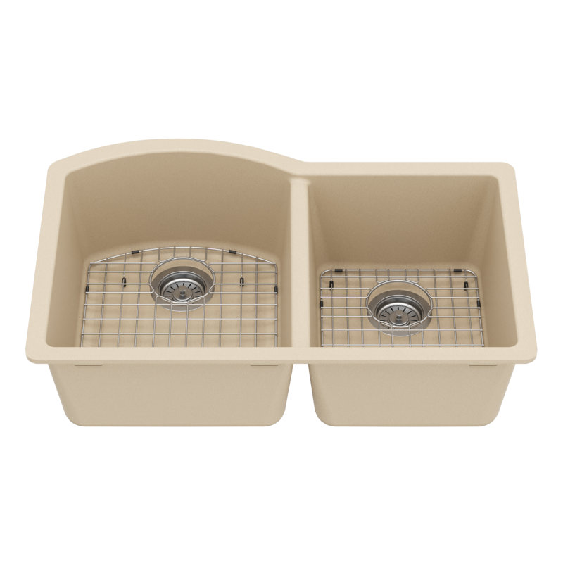 Karran Quartz 32'' X 21'' Double Bowl 60/40 Undermount Kitchen Sink Kit, Bisque