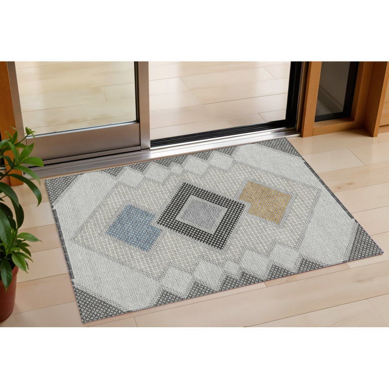 3' X 5' Gray Gold And Charcoal Geometric Washable Indoor Outdoor Area Rug