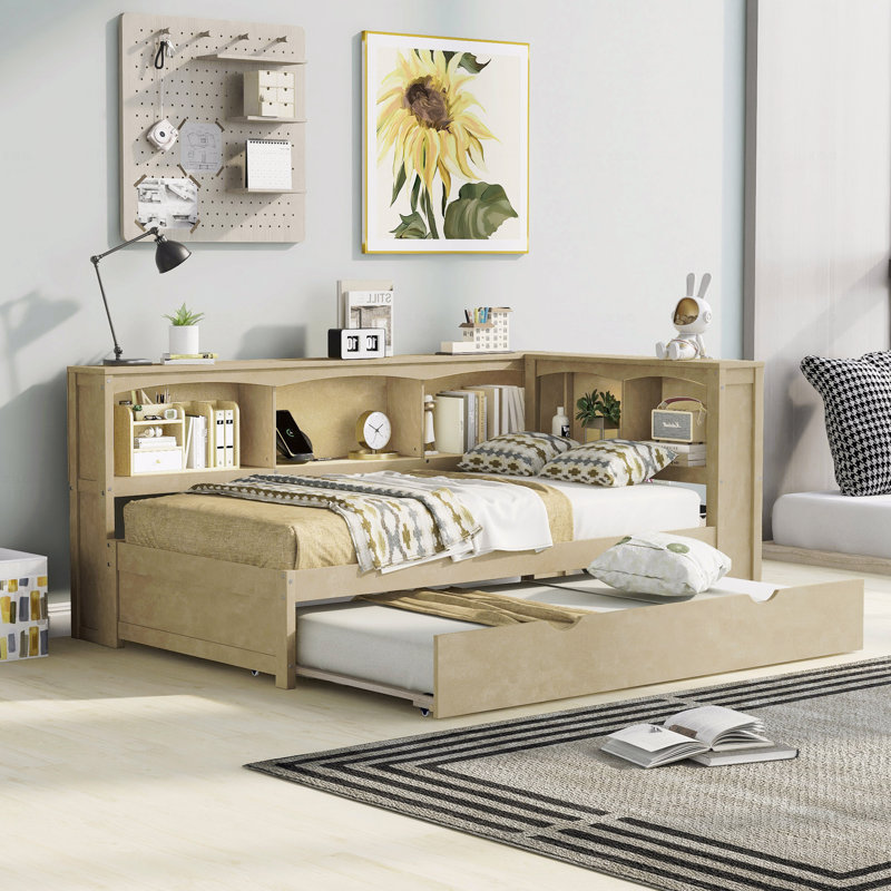 Lit de jour simple avec lit gigogne, armoires de rangement et ports USB, Brun
