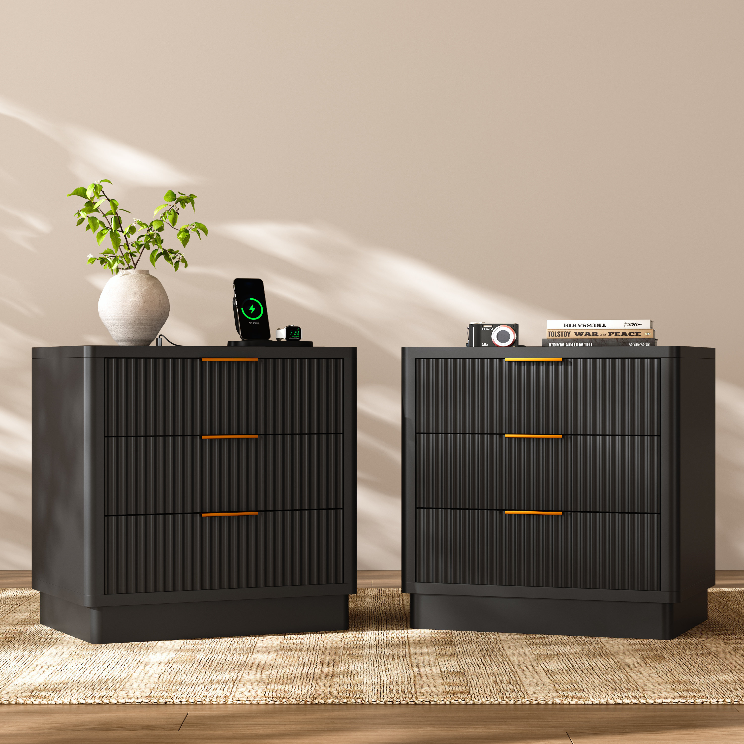 23.6" W 3-Drawer Nightstand with Charging Station (Set of 2) - Black