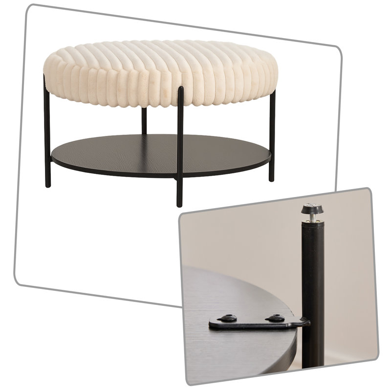 Table basse ronde avec repose-pieds rembourré et rembourré avec table de rangement et plateau de rangement, Beige