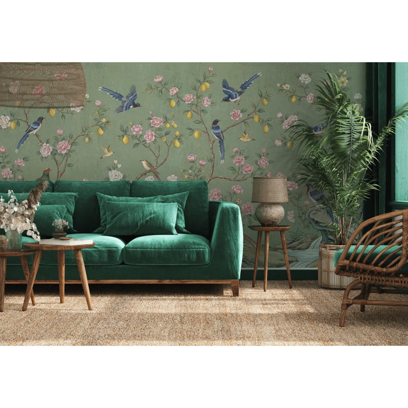 Chinoiserie Wallpaper Lemon Tree Removable Birds Wall Decor, Non-Woven Nonpasted, 160"x108"