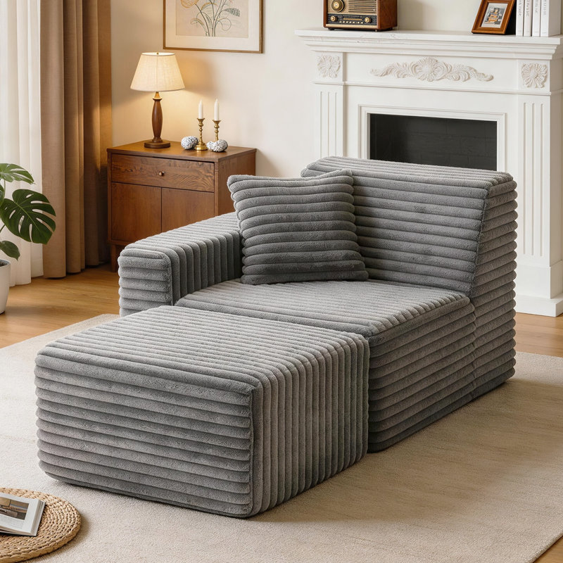 Chaise longue en flanelle de fourrure de lapin rembourrée 2 pièces 2 pièces sans assemblage requis, Gris, Orienté à droite