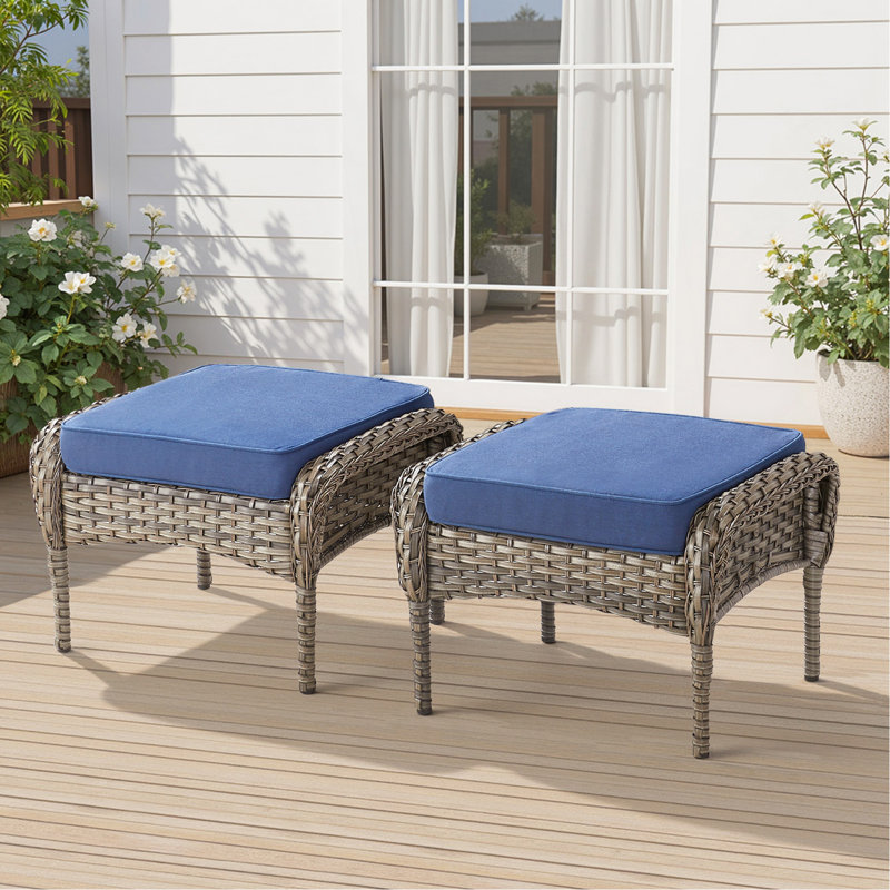 Ensemble de 2 repose-pieds d'extérieur en rotin gris avec coussin bleu pour la cour ou la terrasse, Bleu, Gris