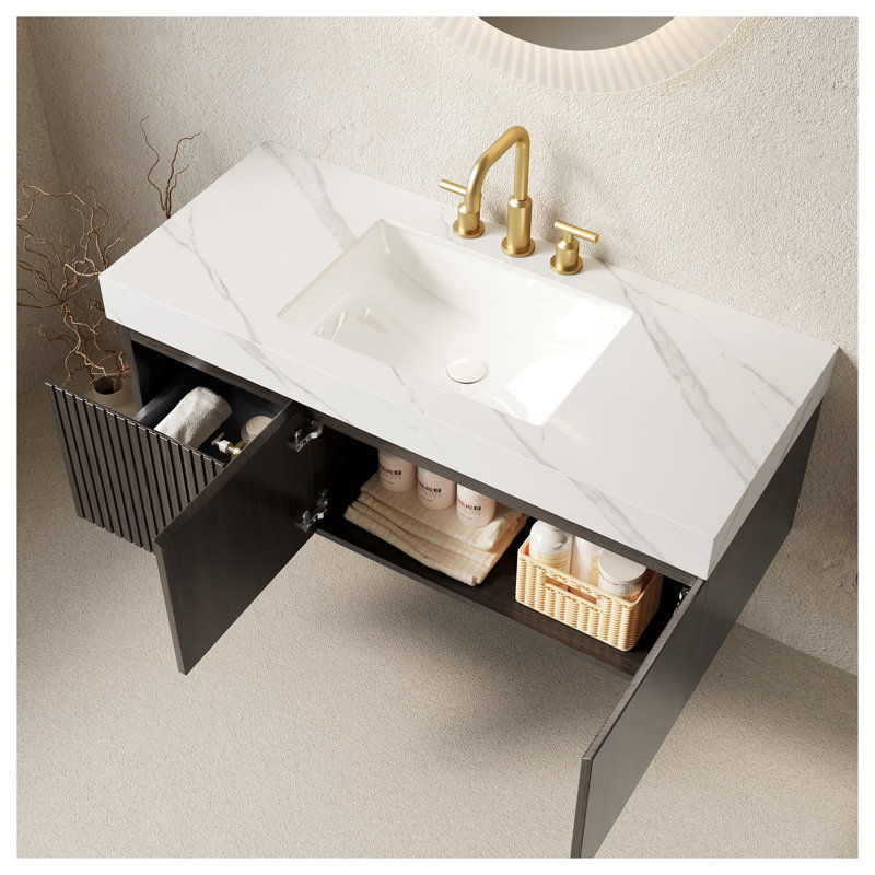Meuble-lavabo suspendu MURI de 122 cm (48 po) avec comptoir en pierre frittée, lavabo encastré en céramique et rangement à fermeture amortie, finition grain de bois espresso