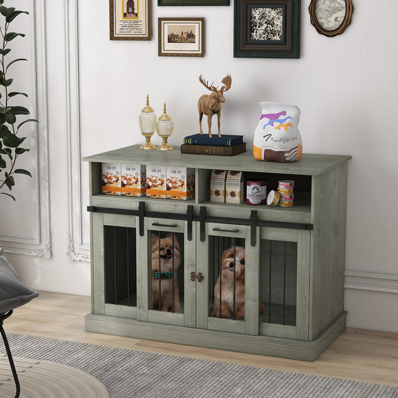 Mobilier de cage pour chien de toutes tailles, gris avec portes coulissantes, cloison amovible et options de rangement pratiques chenil de différentes tailles, tablettes généreuses
