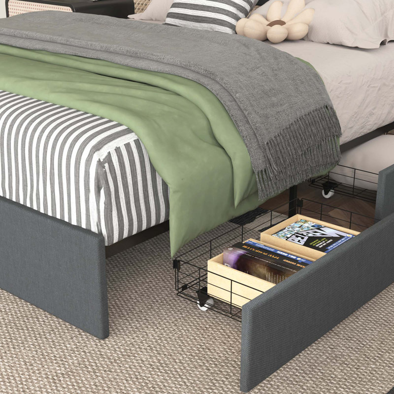 Base de lit grand format avec tête et pied de lit rembourrés, base de lit plateforme avec 4 tiroirs de rangement, éclairage à DEL et station de charge