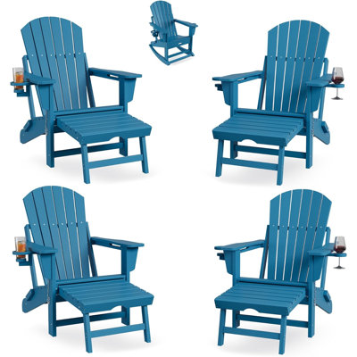 Chaise berçante d'extérieur avec deux porte-gobelets PeakPursuit Adirondack, chaise berçante extérieure en PEHD toutes saisons avec repose-pieds rétractable