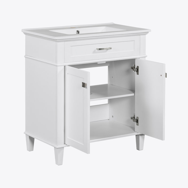 Meuble-lavabo de 30 po avec lavabo en céramique, porte à fermeture en douceur et tablettes réglables, Blanc