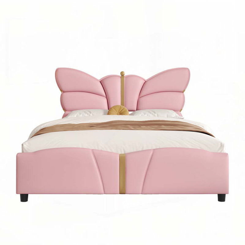Structure de lit rembourrée en similicuir, avec tête et pied de lit en forme de papillon, Double, Rose clair
