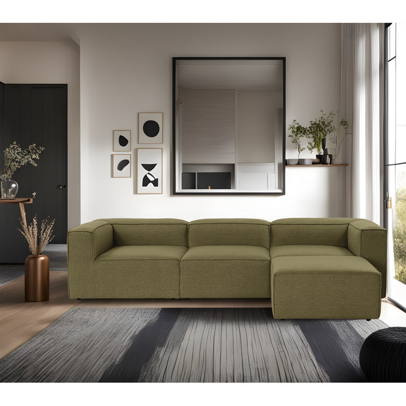 Corner Sofa, Green Linen, 26" H x 116.5" W x 72.8" D