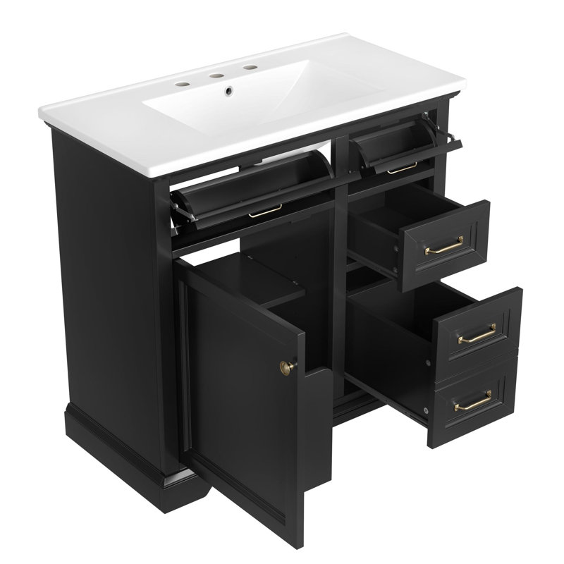 Meuble-lavabo 36 po avec lavabo en céramique, Noir, Doré