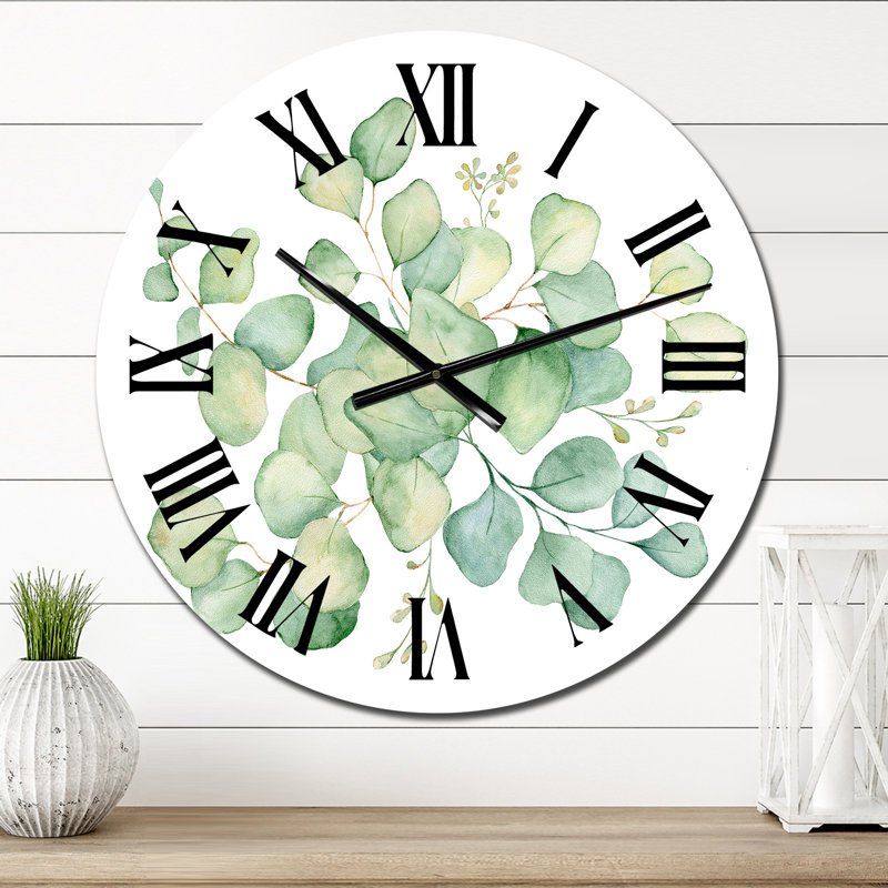 Bouquet d'eucalyptus vert sur blanc - Horloge murale traditionnelle, Moyen
