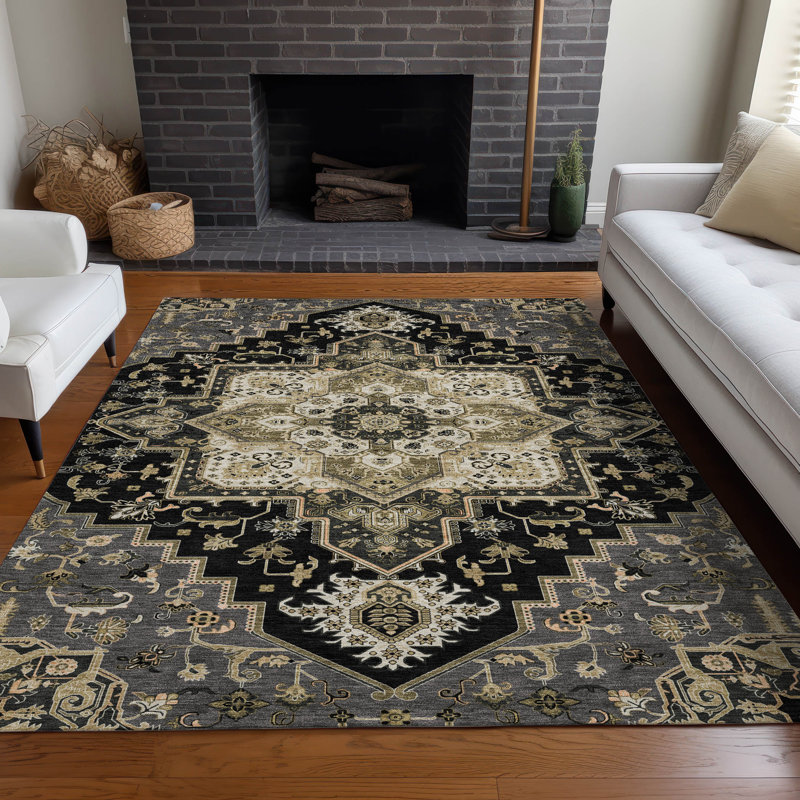 Black Round Synthetic Non-Slip Washable Rug, 46"