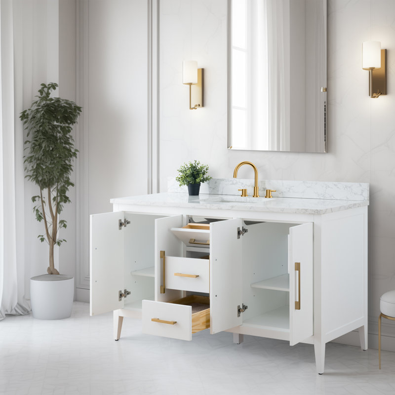 Chambery 60" Single Sink Bathroom Vanity with Engineered Marble Top, White, Golden Brushed