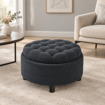 Pouf de rangement rond capitonné de 25 pouces avec plateau amovible.