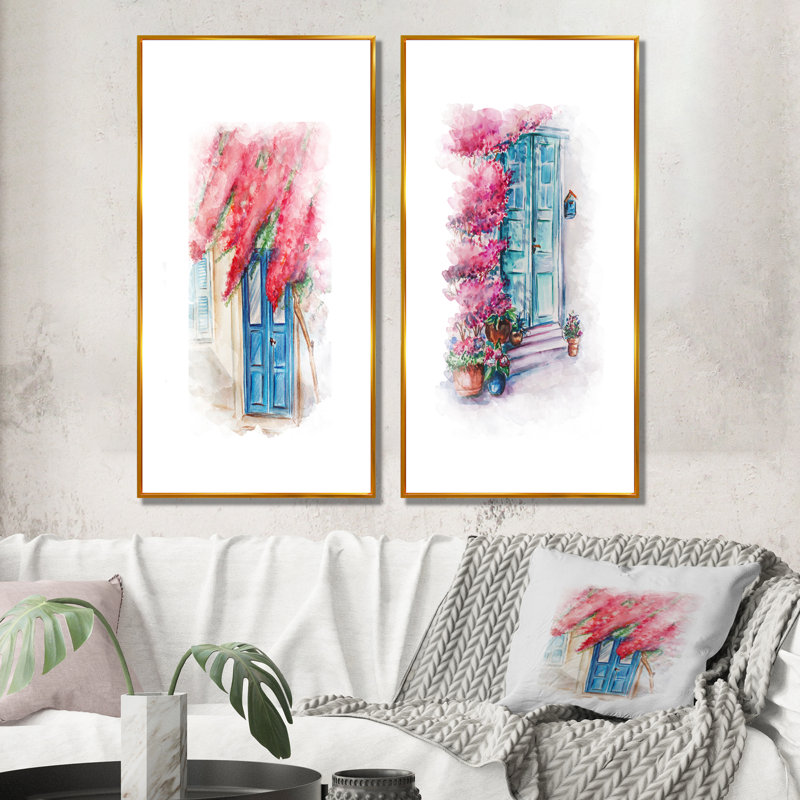«Floral Door Illustration V», ensemble de 2 peintures sur toiles, H 40 po x l 40 po x P 1 po, Cadre flottant doré