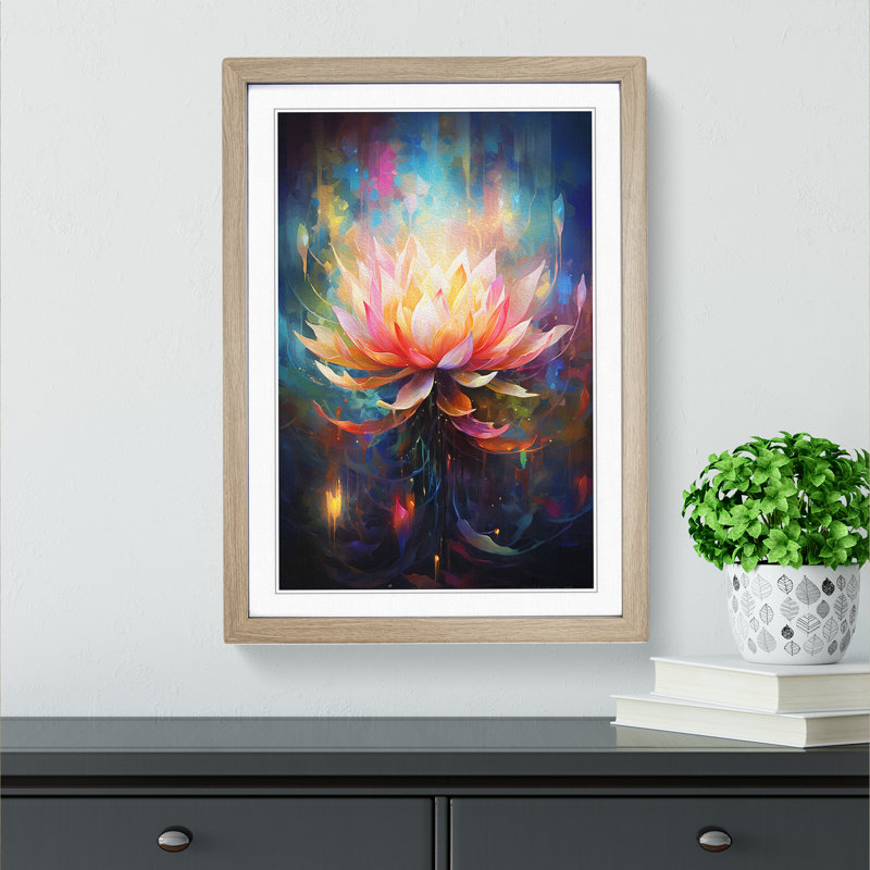 Lotus Flower Abstract - Single Picture Frame Print on Wood, Oak, 64cm H x 46cm W x 2cm D