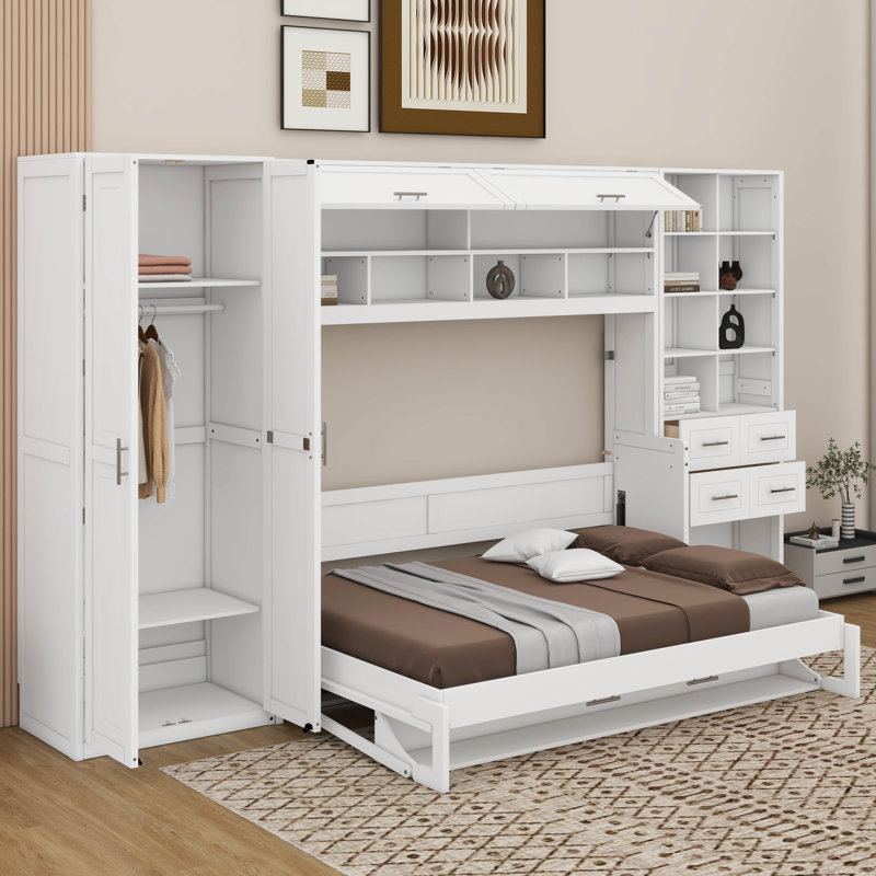 Grand lit escamotable avec placard, tiroirs et tablettes, Blanc, Grand lit