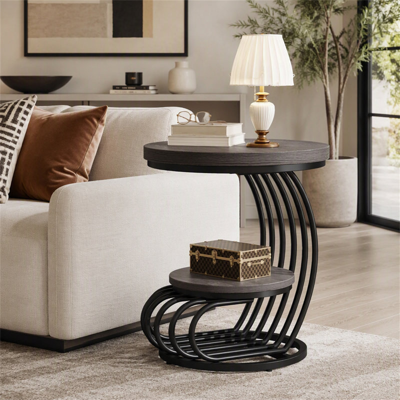 Table de bout ronde, table d'appoint 2 niveaux, Grey / Black, Grey, Black
