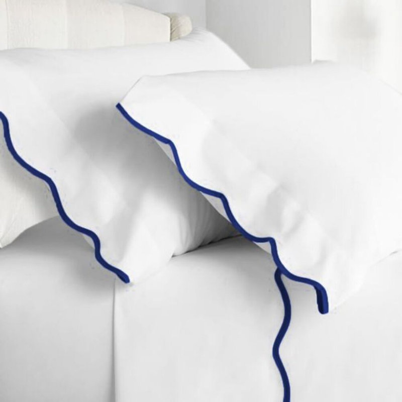 400TC Cotton Scallop Embroidery Cotton 4 Piece Sheet Set Fitted Sheet Fits Upto 16" Deep Pocket, Navy Blue, Yes