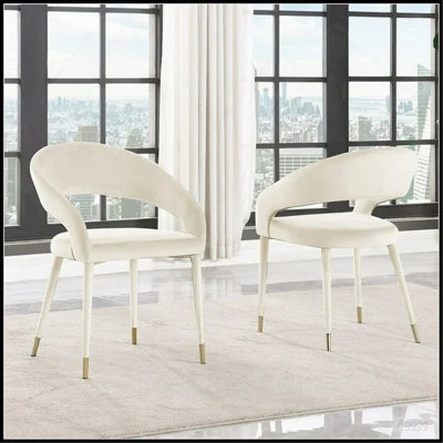 Ensemble de 2 chaises de salle à manger Modern Velvet, pieds en bois avec embouts dorés, crème