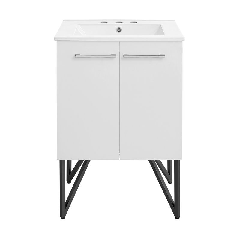 24 po Meuble-lavabo de salle de bain avec comptoir en céramique, Blanc, Blanc, Triple
