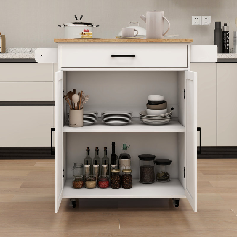 White Kitchen Island With Hidden Compartments, Adjustable Storage Settings & Towel/Seasoning Cart Material, Towel Rack, Seasoning Rack - Levels