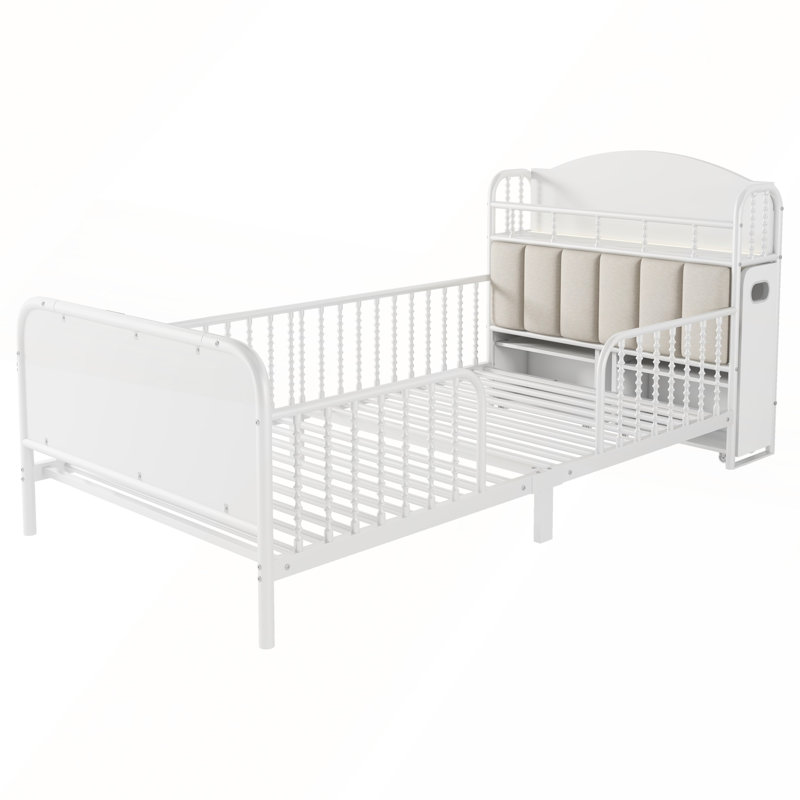 Base de lit plateforme simple en métal avec tête de lit tapissier et tablettes de rangement escamotables, Blanc