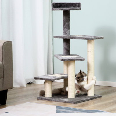 Arbre à chat 40 po gris avec escalier tournant à 5 niveaux, centre de jeu et rembourrage confortable - donnez aux chats un endroit pour s'épanouir