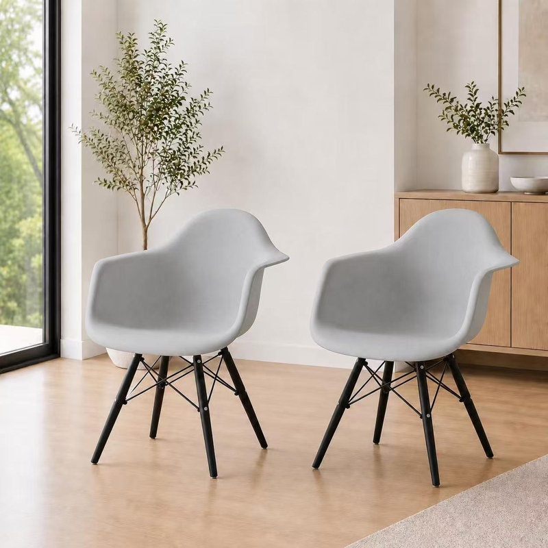 Modern Plastic Dining Armchairs with Wooden Legs (Set of 2) – Mid-Century Style Indoor/Outdoor Chairs for Kitchen, Patio, or Office