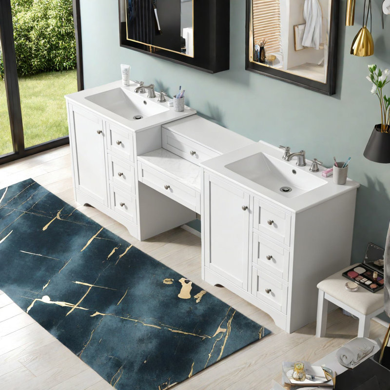 Meuble-lavabo moderne blanc à double évier, bois massif et bois aggloméré