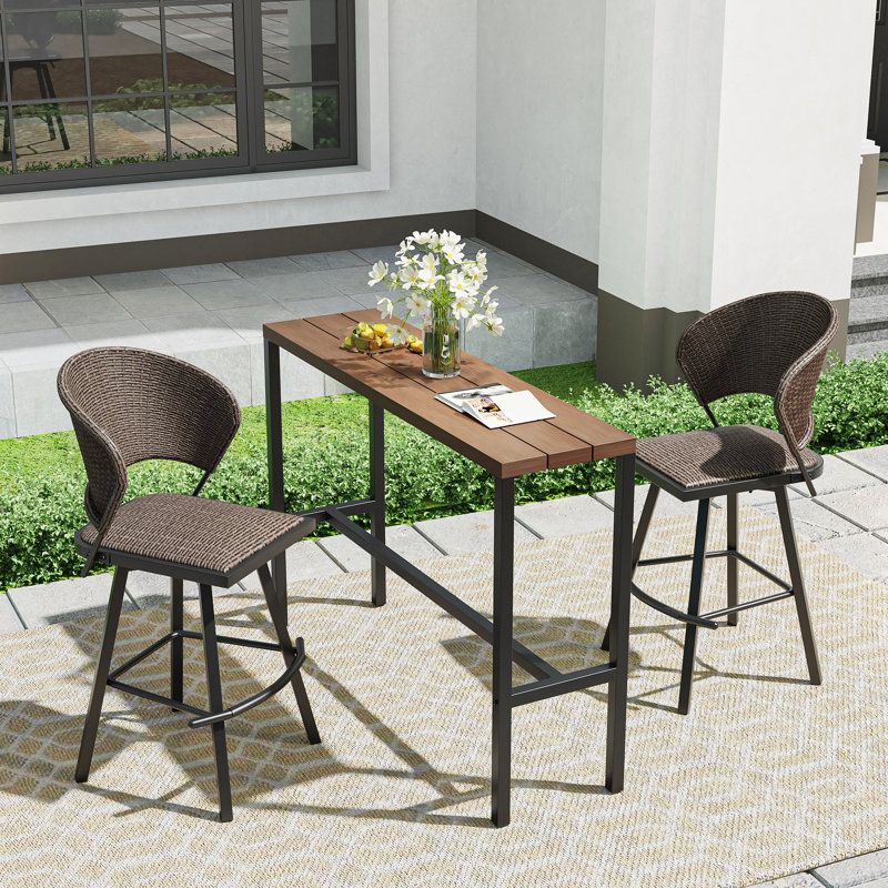 3 Pieces Patio Bar Table And Bar Stool Set, Walnut/Brown