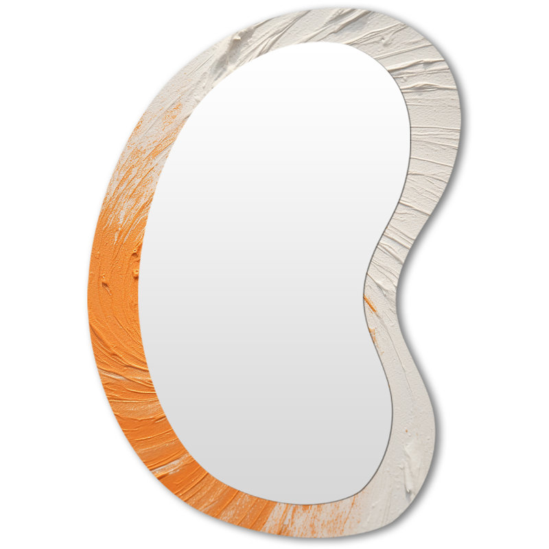 Orange et blanc minimaliste en spirale - Grand miroir mural asymétrique moderne à spirale abstraite, 31 po x 22 po