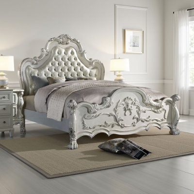 Ally Bed, Classical White Faux Leather Victorian Carved Wood